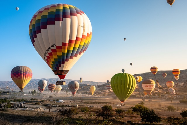 Hot air balloons flying on the landscape, Cappadocia, Turkey. Credit: Timur Kozmenko