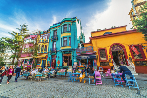 Istanbul,,Turkey:,Street,With,Colorful,Houses,And,Multicolor,Cafe,In